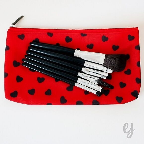 Other - 7 Travel Makeup Brushes in the Margot Case – Red with Black Hearts – New